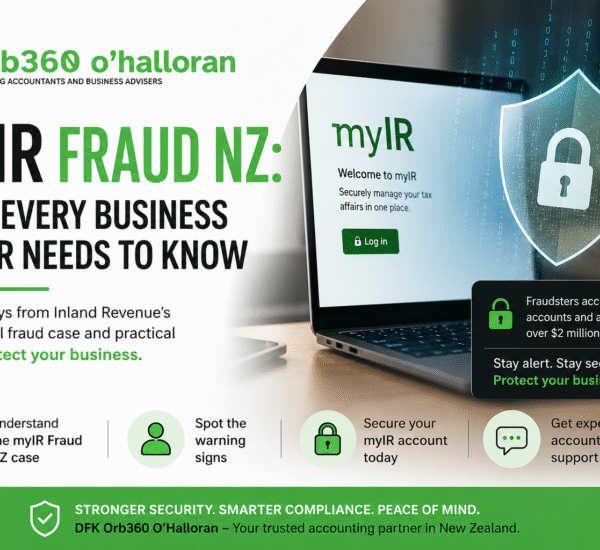 myIR Fraud NZ guide showing business security tips, Inland Revenue account protection, and tax fraud prevention by DFK Orb360 Chartered Accountants.