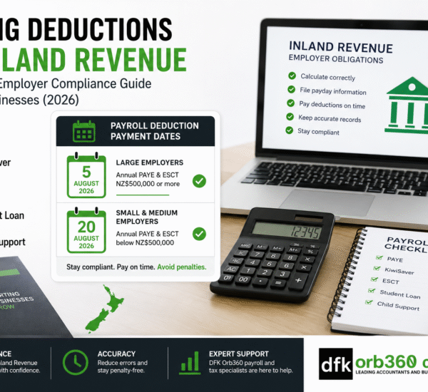 Paying Deductions to Inland Revenue guide for New Zealand employers showing PAYE payment dates, payroll compliance, KiwiSaver, ESCT, and employer obligations.
