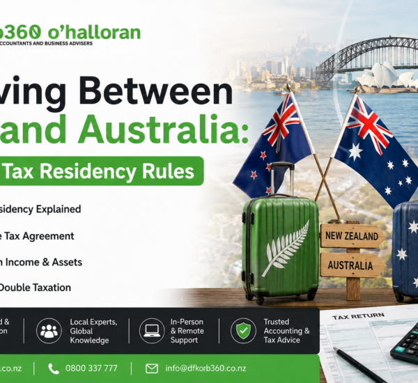 Moving between NZ and Australia tax residency guide showing New Zealand and Australian flags and DFK Orb360 O’Halloran branding