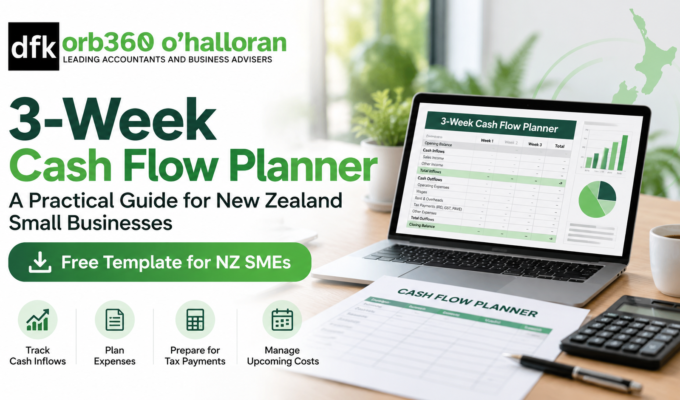 DFK Orb360 3-Week Cash Flow Planner for New Zealand small businesses, showing cash inflows, expense planning and upcoming tax payments.