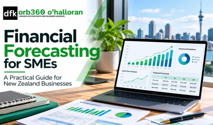 Financial forecasting for SMEs in New Zealand, featuring DFK Orb360 branding, cash flow projections, revenue charts and business financial planning.