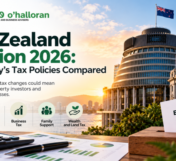 New Zealand Election 2026 tax policies compared, featuring Wellington Parliament, New Zealand flag and key tax policy areas for individuals and businesses.