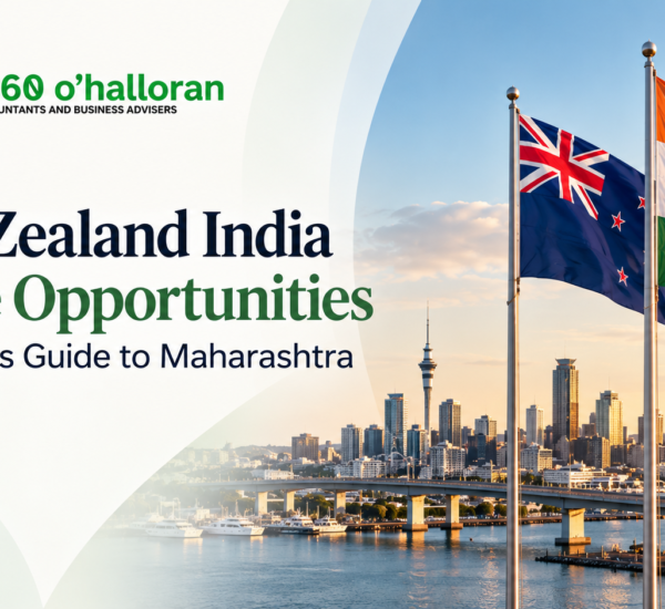 New Zealand India trade opportunities – DFK Orb360 O’Halloran business guide to Maharashtra, featuring the New Zealand and Indian flags and Auckland skyline.