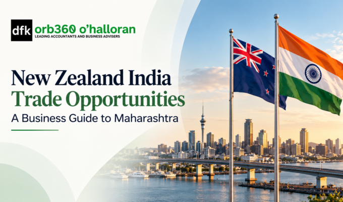 New Zealand India trade opportunities – DFK Orb360 O’Halloran business guide to Maharashtra, featuring the New Zealand and Indian flags and Auckland skyline.