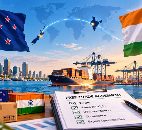 New Zealand India Free Trade Agreement export opportunities, featuring both national flags, a cargo ship, shipping containers and an export compliance checklist.