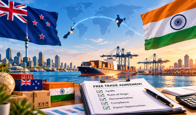 New Zealand India Free Trade Agreement export opportunities, featuring both national flags, a cargo ship, shipping containers and an export compliance checklist.